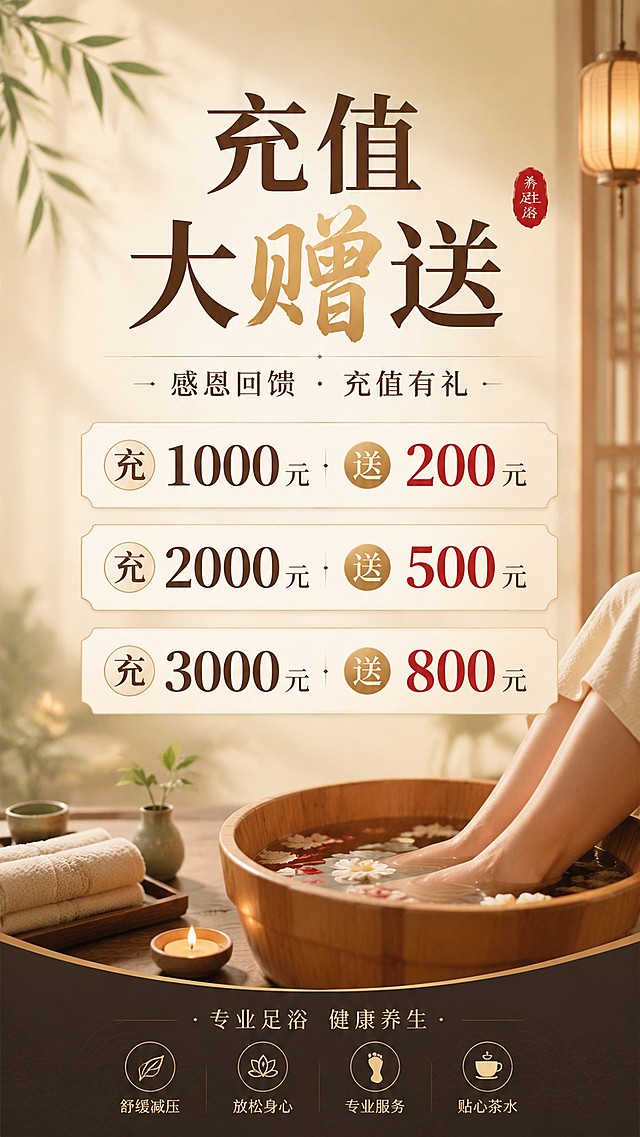 足浴店的海报设计

充值大赠送
充 1000 送 200 元
充 2000 送 500 元
充 3000 送 800 元