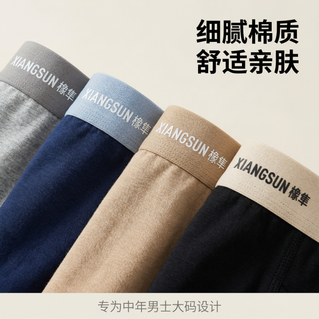 [主图 2] 男士内裤腰头LOGO细节展示主图
[氛围/风格] 专业商业细节摄影，高级质感，清晰真实
[画面元素] 聚焦展示多条内裤腰头部分，腰头清晰印有白色"XIANGSUN 橡隼"品牌LOGO，展预览效果