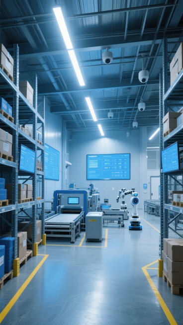 一个现代化的智能仓库内部，具有工业科技感的设计风格，主色调为蓝色和灰色，搭配白色灯光营造出明亮通透的氛围。仓库内采用高顶设计，金属框架结构的货架整齐排列，货架上存放着各种规格的箱子和物品。中央区域配备有自动化的物流设备和机器人，地面上画有黄色的引导线。天花板上安装有长条形的LED灯带和监控设备，墙壁上和货架之间的电子屏幕显示着实时的库存数据和操作信息。整个空间呈现出高度智能化、高效运作的未来感……预览效果