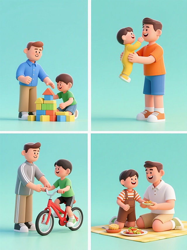 四个亲子互动场景在纯色背景上以2x2网格规整排布的系列插画，每个场景保持相同的3D卡通风格，角色造型圆润可爱，边缘光滑，高饱和度色彩，柔和阴影，无纹理纯色背景，明亮光线。第一个场景：父亲举起儿子玩耍，父亲穿橙色T恤和蓝色短裤，儿子穿黄色连体衣，背景为浅橙色；第二个场景：父子共同搭建积木城堡，父亲穿蓝色衬衫和卡其色长裤，儿子穿绿色T恤和牛仔短裤，背景为浅蓝色；第三个场景：父亲教儿子骑自行车，父亲穿灰色运动服，儿子穿红色运动背心和黑色短裤，背景为浅绿色；第四个场景：父子在野餐垫上分享食物，父亲穿白色Polo衫和米色短裤，儿子穿条纹T恤和棕色背带裤，背景为浅黄色。所有场景中父子均面带微笑，动作自然亲密，整体风格统一，色彩明快，构图均衡，适合作为亲子主题系列素材使用。