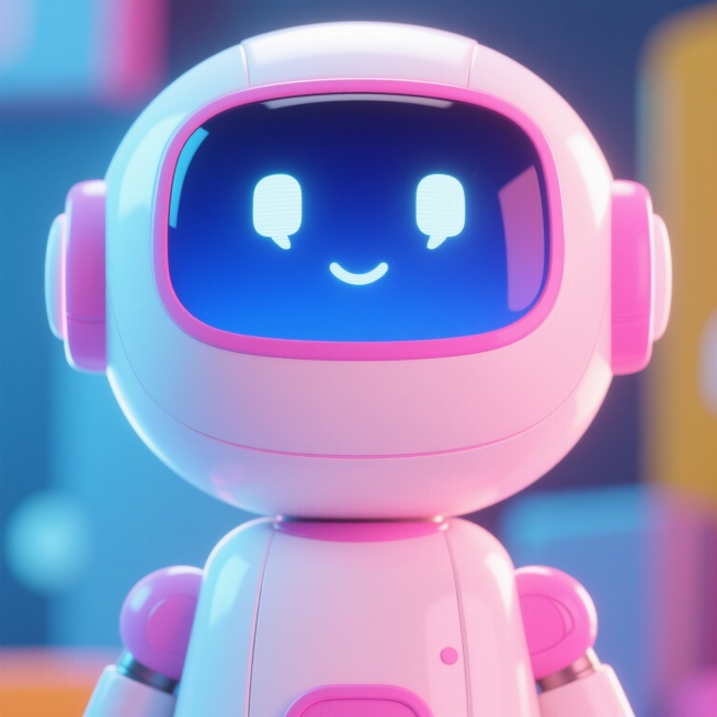 卡通风格机器人，整体圆润可爱造型，主体为柔和的粉白色渐变，面部是深邃的亮蓝色面板，面板上有两个形似聊天气泡的白色发光眼睛，眼睛下方有一条简单的微笑弧线，头部两侧有粉色的圆形耳朵，边缘有粉色细线条勾勒，预览效果
