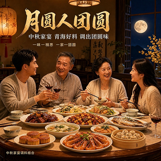 基于参考图进行修改：移除画面中央前景的所有调料瓶（青稞酱油、陈醋香醋、花椒油、牦牛辣酱等瓶罐），替换为更加丰盛的中式家宴菜肴，让餐桌摆满丰盛饭菜。保留原有的人物、环境、灯光、文案、月饼、鱼、红烧肉等元素和整体氛围不变。

具体修改：
1. 删除前景中央的4个调料瓶罐，空出的位置用更多丰盛菜肴填满，可增加：一盘油亮的红烧大虾、一笼蒸饺或烧卖、一盘色泽鲜亮的宫保鸡丁、一碗热气腾腾的汤羹、几碟精致凉菜等，让餐桌看起来更加丰盛诱人；
2. 保留原有的红烧肉、清蒸鱼、蔬菜、月饼、酒杯碗筷等；
3. 人物、表情、动作、背景环境、灯笼、吊灯、窗外月亮、书法墙面、桂花枝等全部保持不变；
4. 顶部文案"月圆人团圆""中秋家宴 青海好料 调出团圆味""一味一相思 一家一团圆"全部保留，位置样式不变；
5. 左下角"中秋家宴调料组合"文字保留；
6. 整体光影、色调、暖黄温馨氛围与原图完全一致，饭菜有诱人的光泽和热气，增强食欲感；
7. 确保移除调料瓶后的桌面衔接自然，饭菜摆放合理，无违和感。
