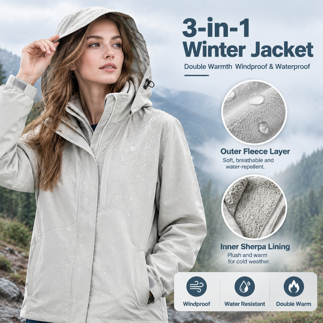 [主图-2] 双层保暖与防风防雨功能展示图，女款三合一冲锋衣，… - 图片创意预览