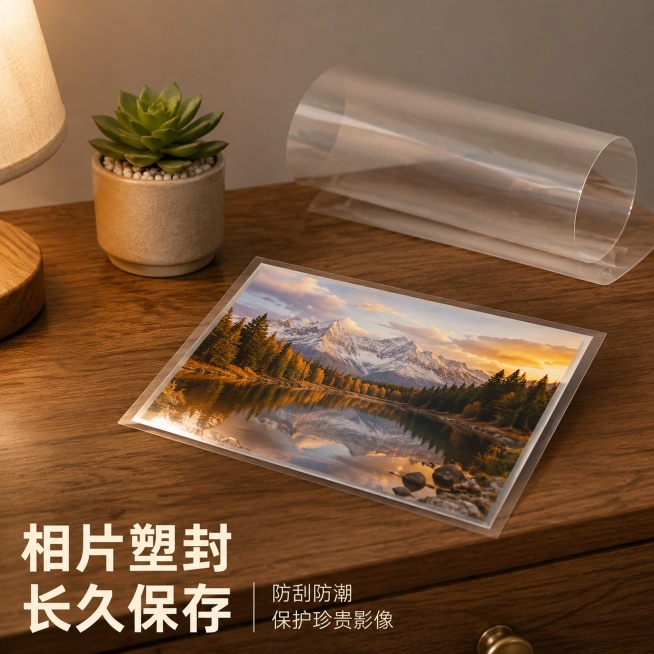 [主图-6] 6寸相片塑封效果展示，水晶膜保护影像。
[氛围风格] 温馨纪念生活风；
[画质] 商业摄影质感、光线柔和通透、产品清晰真实、画面干净高级。
[元素] 一张塑封好的6寸风景相片斜放在浅胡桃预览效果