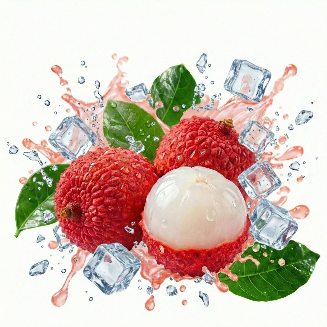 水果和果汁周围陪衬些冰块、飞溅的冰块，冰块参考图片2的冰块，冰块不要太多，水果和果汁颜色高清晰不变，纯白色背景悬空，图像完整高清晰大图预览效果