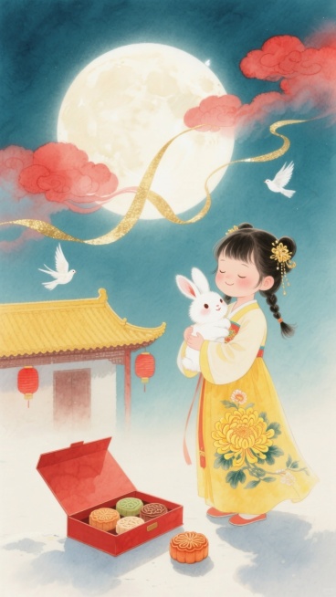 画面整体为国风插画风格。主体是一位身着黄色绣有大朵黄色菊花图案汉服的小女孩，年龄约七八岁，扎着两个小辫子，发间别着金色发饰，闭着双眼，面带微笑，双手抱着一只白色的大兔子。背景中，一轮硕大的圆月高挂在天预览效果