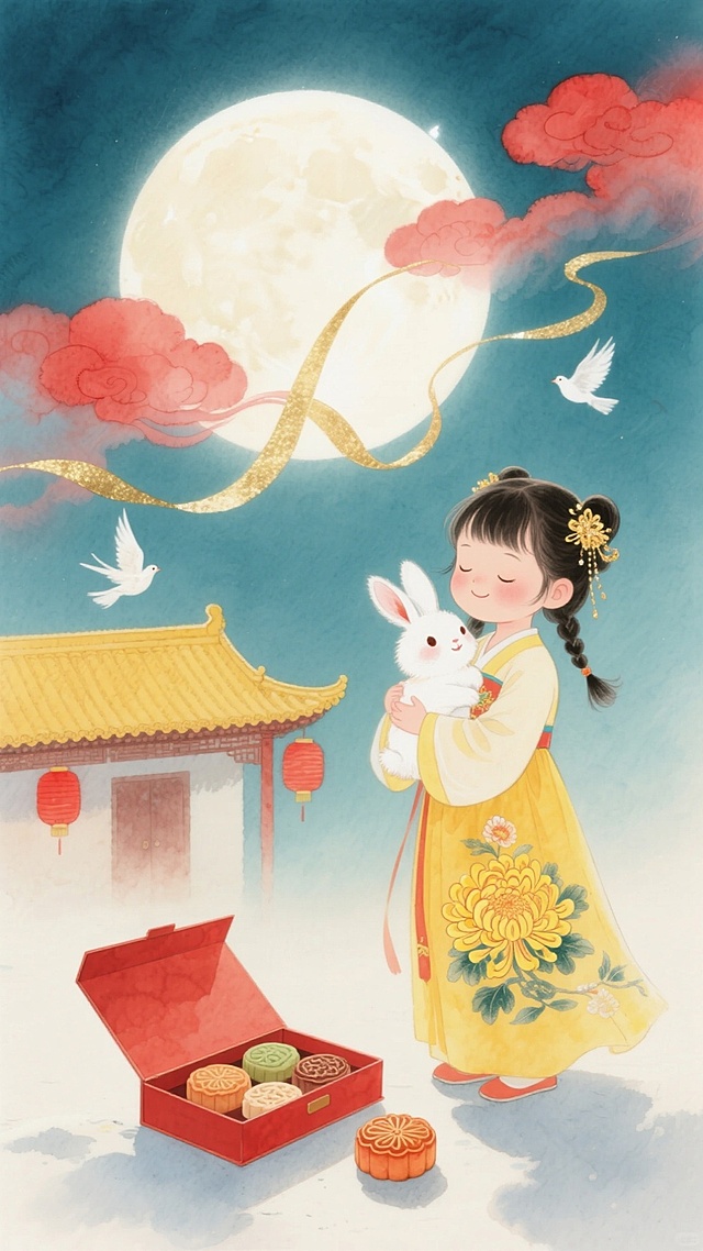 梦幻感与中式美学交融，工笔细腻勾勒少女抱兔赏月，水彩晕染夜空与红云，轻拟物风呈现月饼礼盒，超现实主义营造唯美中秋意境。