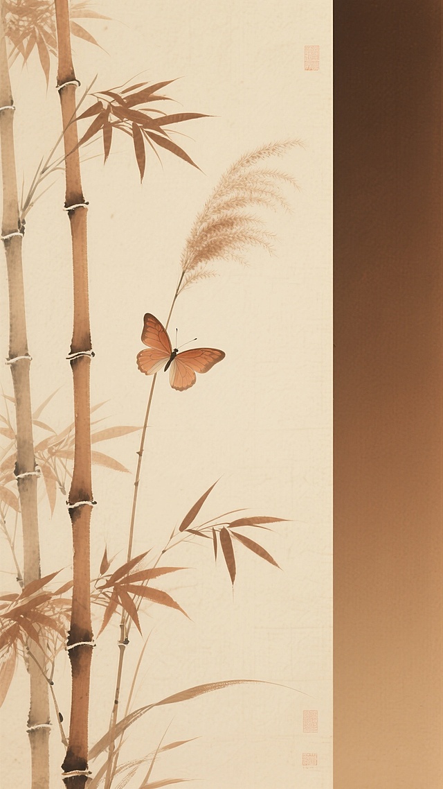 新中式风格绘画，画面左侧为浅米黄色宣纸质感背景，右侧为渐变深棕色竖条分割，前景是几竿挺拔的翠竹，竹叶以浓淡不一的赭石色水墨笔触勾勒，竹节分明，一株细长的芦苇向上伸展，顶端缀着浅棕色芦花，一只翅膀半透明的赭石色蝴蝶轻盈停驻在芦苇中段，整体色调以米黄、赭石、深棕为主，营造出古朴雅致、宁静悠远的东方意境，留白充足，线条简练写意，具有传统水墨画的韵味和现代设计的简洁美感。