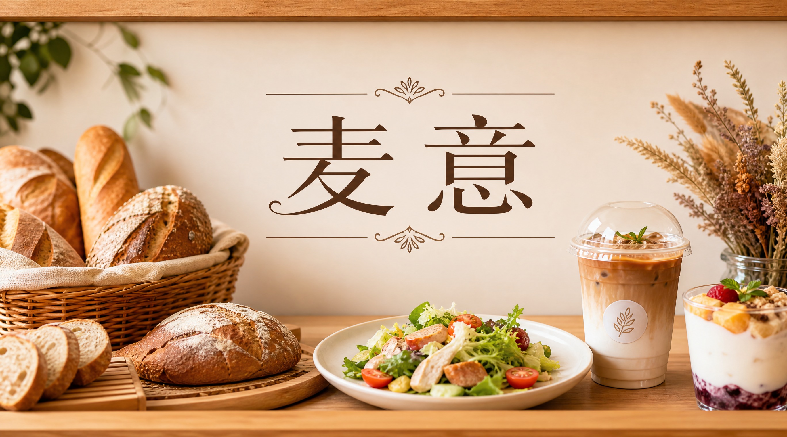 写真风格面包轻食店店招设计，店名"麦意"用优雅字体居中，画面展… - 图片创意预览