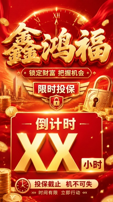 一张鑫鸿福产品投保截止倒计时海报，整体红金色商业风格。画面上方1/2放置艺术字"鑫鸿福"，下方1/2区域放置大型倒计时"倒计时XX小时"。背景融合财富金币、时间钟表、锁形等元素，整体配色以红色和金色为预览效果