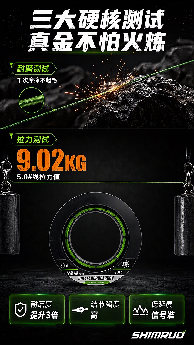 [第4张] 详情页性能测试-耐磨/拉力/结节强度硬核证明。本张使用【图2】线轴作为产品主体。
[氛围/风格] 硬核测试风，力量感，数据可视化，深绿黑工业风背景，商业摄影质感。
[元素布局] 画面分上中下三区：上部展示耐磨测试——绿色碳线在粗糙岩石棱角上摩擦，迸发光火花，线体完好；中部展示拉力测试——线体两端悬挂重物被拉直，旁边显示拉力数值；下部放产品线轴+3个数据卡片。产品线轴外观、颜色、结构与输入图完全一致。
[光影质感] 硬朗侧光，摩擦处高光火花效果突出，线体紧绷有张力，整体明暗对比强烈有力量感。
[配色色系] 全局底色深灰黑渐变#121212；主色荧光绿#00C853；辅助色白色+橙色数据强调。
[视角构图] 正面平视，上下三区布局，阅读动线上耐磨测试→中拉力测试→下数据总结。
[文字版式] 版式为上下分区+数据卡片。顶部粗白字大标题「三大硬核测试 真金不怕火炼」。耐磨测试区旁标签「耐磨测试 千次摩擦不起毛」。拉力测试区旁超大数字「9.02KG」+小字「5.0#线拉力值」。底部3个绿色圆角数据卡片横排：「耐磨度提升3倍」「结节强度高」「低延展 信号准」。右下角放产品小图+SHIMRUD Logo。
[比例分辨率] 9:16竖版比例，4K分辨率，文字清晰可辨。
[负向提示词] 产品变形 线体断裂 数据错误 颜色偏差 错字 水印 文字过小 背景杂乱