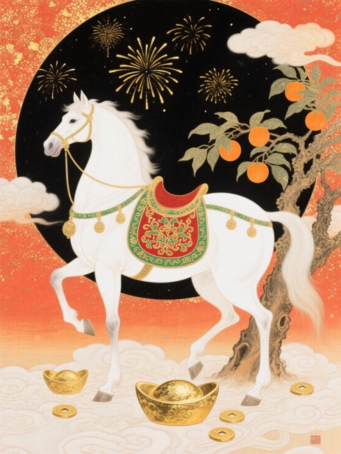 中式岩彩画风格马年喜庆插画，暖橙红高饱和色调，采用平涂式岩彩画工笔重彩风格，颗粒感肌理，画面视角为平视，中心对称构图。主体是一匹占画面 60% 比例的白色骏马，呈前蹄抬起的前行姿态，朝向画面左侧，身披预览效果