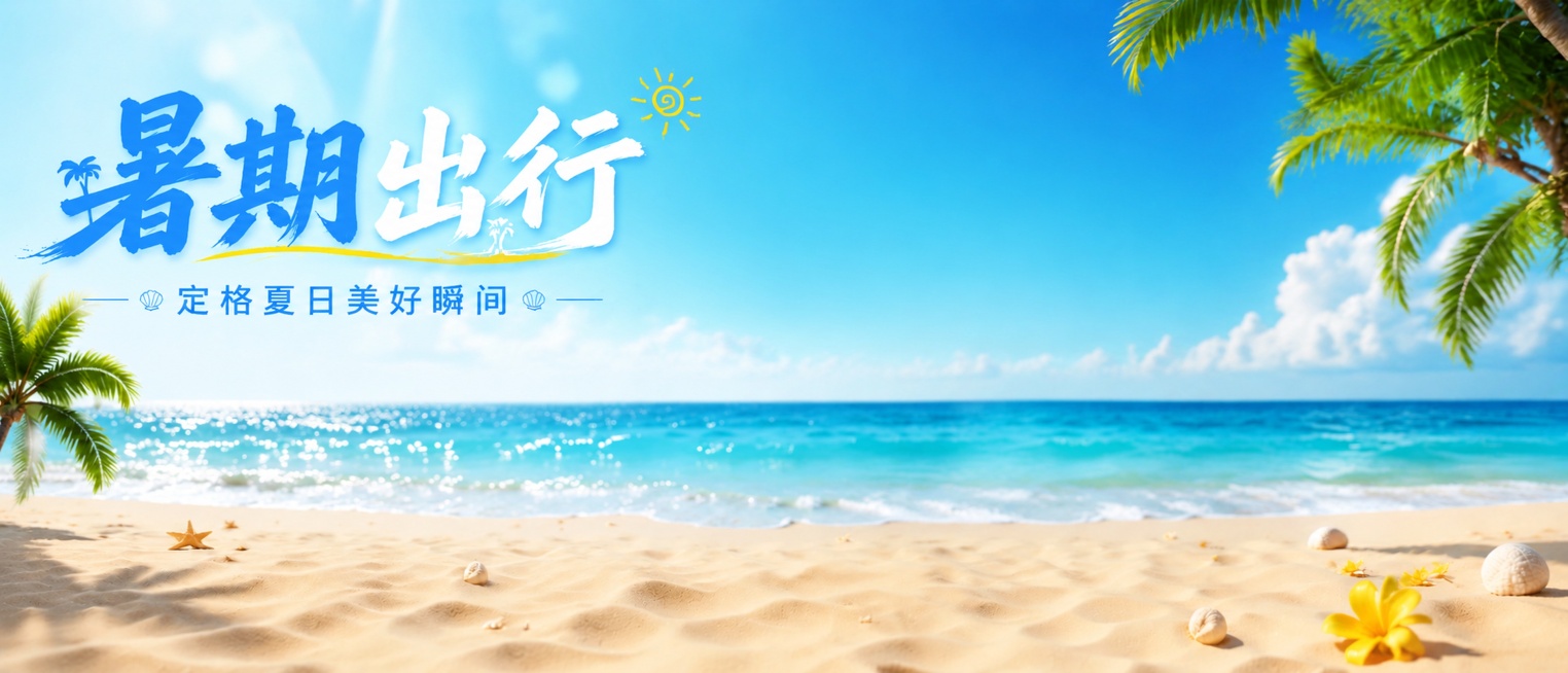 基于这张暑期出行海报，将主标题"暑期出行"和副标题"定格夏日美好瞬间"移动到画面左侧位置，保留原有的清新海滩椰树海景和整体风格，保证文字清晰，排版协调，不遮挡主体风景预览效果