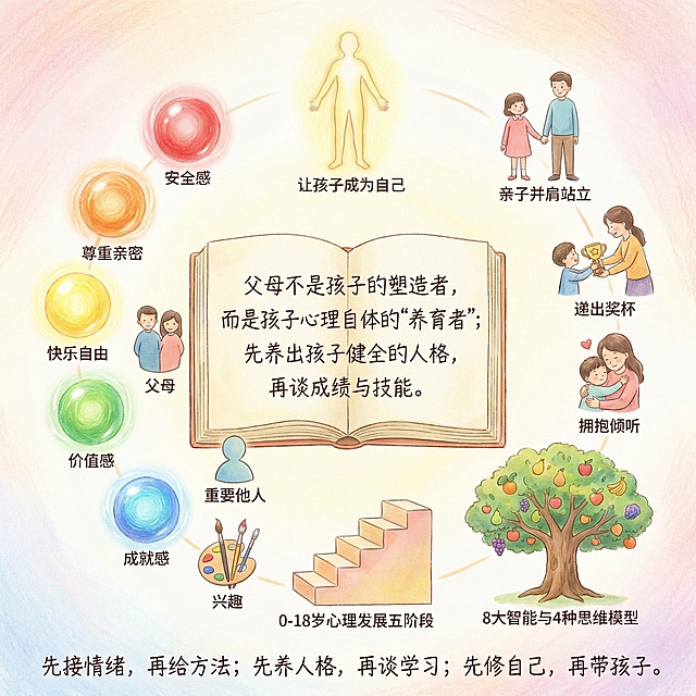 用文字+配图的方式画出下面内容：这本书的核心观点可以概括为一句话：  
“父母不是孩子的塑造者，而是孩子心理自体的‘养育者’；先养出孩子健全的人格，再谈成绩与技能。”

围绕这句话，默薇老师用“53321 心理养育系统”把全书内容拆成五把钥匙：

1. 5 大心理需求  
   安全感、尊重亲密、快乐自由、价值感、成就感——像身体需要蛋白质一样，缺一不可。  
   需求被充分满足→孩子长出“心理肌肉”：自信、自律、抗挫、专注、有内驱力。

2. 3 类养育客体  
   父母（主客体）+ 重要他人／兴趣（副客体）。  
   亲子关系是“心理脐带”，脐带不通，孩子就只能到游戏、网恋、短视频里“找补”。

3. 3 步养育动作  
   ① 建关系——放手、立界限、破除“限制性信念”；  
   ② 给营养——能力范围内“无条件满足”+ 及时“肯定与认可”；  
   ③ 排垃圾——无条件接纳情绪，帮孩子把愤怒、悲伤、恐惧排泄出去，而不是压进身体（躯体化）或弹给外人（暴力、网瘾）。

4. 2 条养育主线  
   ① 0-18 岁心理发展五阶段任务（口欲-信任、肛欲-自主、性蕾-主动、学龄-勤奋、青春-自我同一）；  
   ② 8 大智能、4 种思维模型——发现孩子“长板”，用长板带短板，而不是把松树修成杨树。

5. 1 个总目标  
   让孩子成为“自己”——具备人工智能时代杀不死的六大核心能力：爱、创新、思考、互动、沟通、情感；  
   父母同时完成自我二次成长，停止把农耕时代的“听话+打骂+攀比+功利”脚本传下去。

一句话实操口诀：  
“先接情绪，再给方法；先养人格，再谈学习；先修自己，再带孩子。”