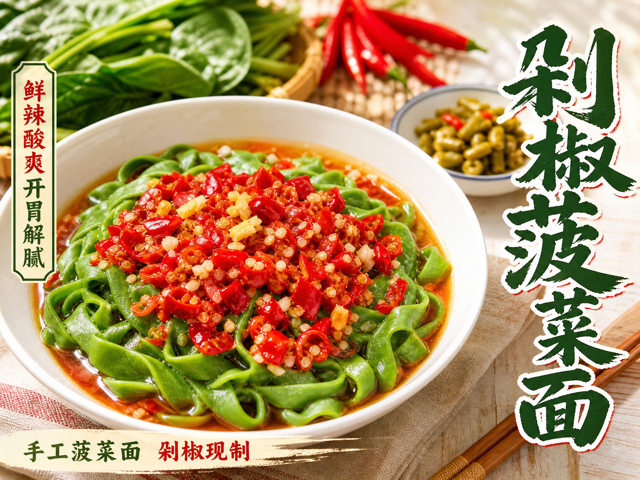 [主图-8] 剁椒菠菜面首图，核心任务是展示剁椒的鲜辣酸爽和菠… - 图片创意预览