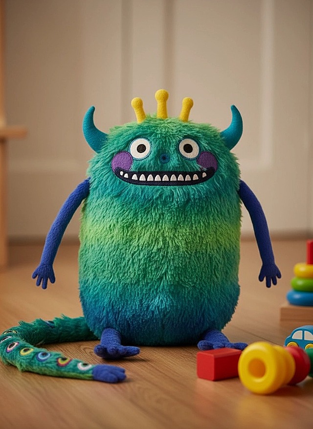 将图片中的怪兽做成立体的毛茸茸的儿童毛绒玩偶，柔软的，背景是儿童房的地板