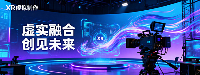 XR虚拟制作主题宽屏网站背景图，主题文字“虚实融合 创见未来”，左上角增加“XR虚拟制作”文字，科技感十足的未来风格，数字虚拟与现实拍摄场景融合，蓝色和紫色霓虹渐变光影，包含XR拍摄设备和流动虚拟光影元素，体现XR技术带来的未来虚拟制作魅力，超宽屏构图