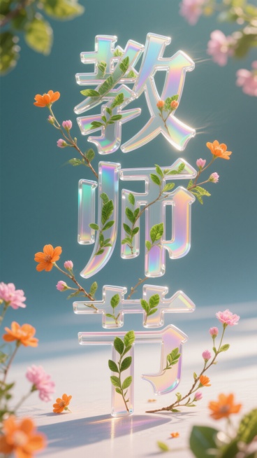 画面主体是 “教师节” 字，用透明渐变的玻璃材质打造立体笔画，笔画内部融入部分绿色枝叶，边缘泛着虹彩光泽。文字周围点缀着橙色和粉色的小花朵，部分花枝从字中延伸出来，整体呈现出自然与现代设计的融合感。预览效果