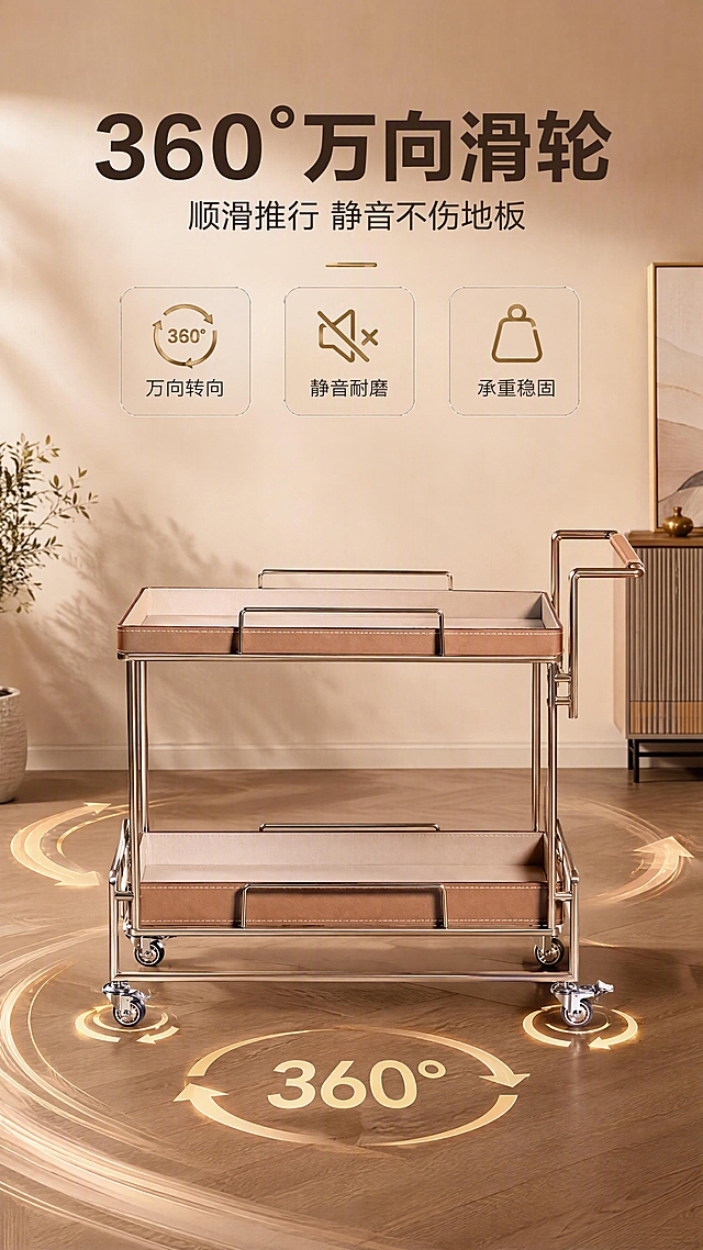 [商品] 使用【图1】右款DS-811B香槟金餐车；保留全部结构、颜色、材质，比例不变；增强滑轮细节与金属光泽。
[画面] 目标：功能演示页，突出360°万向轮顺滑移动与静音特性。构图：产品位于画面中央偏下，占画面55%；底部地面有动态轨迹线示意移动方向，周围有箭头表现360°旋转；背景为简约家居地面+墙面，营造真实推行感。
[视觉] 套系策略：风格=现代轻奢家居商业摄影；标题字=高端无衬线粗黑体；正文字=简洁无衬线体；主色=暖驼棕+香槟金；背景延展=暖驼棕深浅渐变地面与墙面，柔和光影；强调色=香槟金，用于动态轨迹线、箭头、小图标；标题色=深炭棕；正文色=中暖灰；组件=动态箭头、轨迹线、圆角信息卡；光影=暖调侧光，突出滑轮立体感与金属高光。
[文字] 顶部主标题「360°万向滑轮」，副标题「顺滑推行 静音不伤地板」，下方3个功能点：万向转向 / 静音耐磨 / 承重稳固；文字区位于上半部分，不遮挡餐车与滑轮。
[规格] 图片比例9:16竖版，4K分辨率，medium质量；避免变形、错字、文字过小、冷色调、滑轮结构失真。