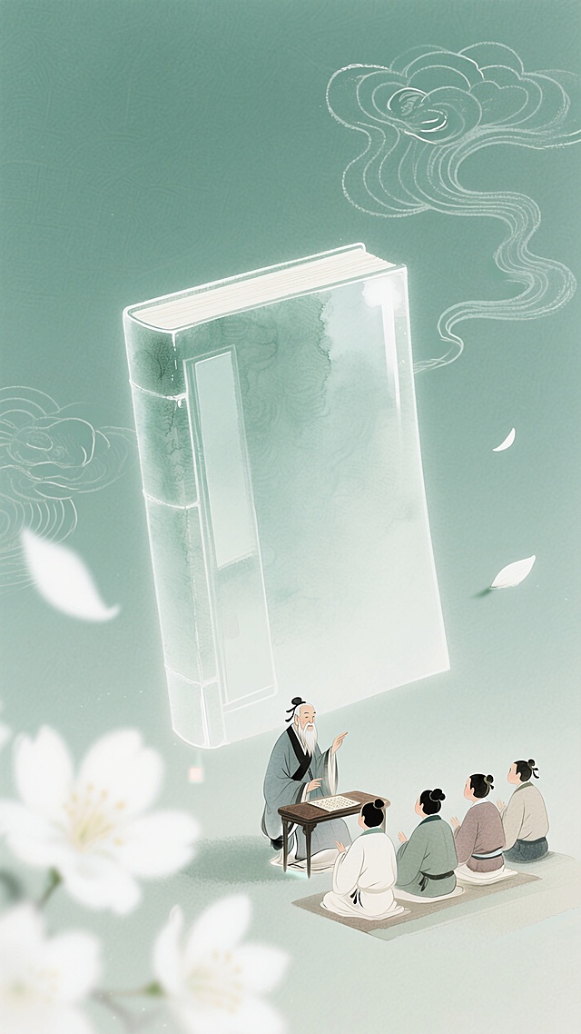 混合细腻彩铅质感的低饱和绿色背景图：前景飘过动态虚化的白色花瓣，悬浮特写一本巨型空白古籍，老夫子在前面给学子讲课；底纹是白色细线条的祥云纹样。