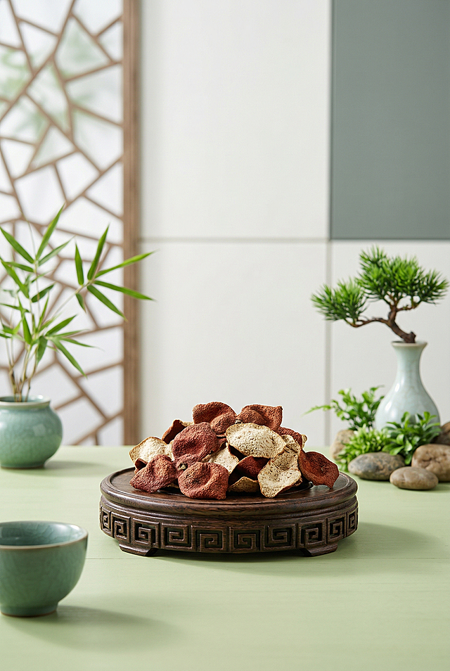 新中式国风养生陈皮产品展示场景，低角度平视正视角，前景居中构图，画面下半部分为浅豆绿色哑光平整桌面，桌面靠前位置摆放带传统回纹雕刻的深棕色实木圆形底座，底座上平稳放置若干褶皱纹理清晰、外皮红棕内皮米白的干陈皮，桌面左下角摆放半露的青瓷茶杯，前景元素清晰锐利。背景做虚化景深处理，左侧为冰裂纹木质花窗，花窗旁放置青瓷花盆种植的细叶竹子；右侧为米白+浅灰绿拼接的纯色墙面，墙前摆放汝窑花瓶种植的微型盆景松，旁边点缀小型绿色植物与原石摆件。整体材质呈现实木的温润木纹质感、陶瓷的哑光釉面质感、植物叶片的鲜活肌理、陈皮粗糙褶皱的干货质感，色彩为低饱和度豆绿、米白、深棕、暖橙的莫兰迪配色，柔光软质侧光照明，光线柔和均匀，带自然柔影，整体氛围雅致静谧，留白充足，上方预留文案排版区域可放置竖排或横排古风书法字体的产品宣传文案。摄影参数为f/1.8大光圈，85mm定焦镜头，浅景深效果，超高清，写实渲染，画面通透干净，高级中式美学质感。