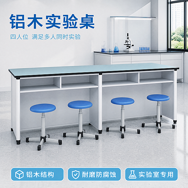 [主图-1] 铝木四人位实验桌完整首图，产品展示在简洁实验室环境中，保持产品外观（物理结构、材质质感、颜色）与输入产品图绝对一致，杜绝任何变形和色差，精细化处理。商业摄影质感、光线柔和通透、产品清晰真实、画面干净高级。商品主体占比严格控制在70%左右，画面满屏无边框。顶侧自然柔光灯做主光，墙面和地面反射做辅光，均匀照亮产品整体轮廓和材质纹理，高光不溢出，暗部有层次。主色调为浅湖蓝桌面搭配白色铝框架，黑色封边点缀。平视四分之三视角，产品完整居中展示，景深适中，前景后景层次分明。左上角负空间左对齐留安全边距，大字文案写"铝木实验桌"加粗蓝色字体，下方小字"四人位 满足多人同时实验"约半高，同色系浅一点。底部通栏三列分布卖点，分别是"铝木结构"、"耐磨防腐蚀"、"实验室专用"，每个卖点配浅蓝底白字标签。1:1比例，4k分辨率，文字清晰锐利，超高清。禁止内容：变形，水印，文字错乱，产品图模糊，背景杂乱