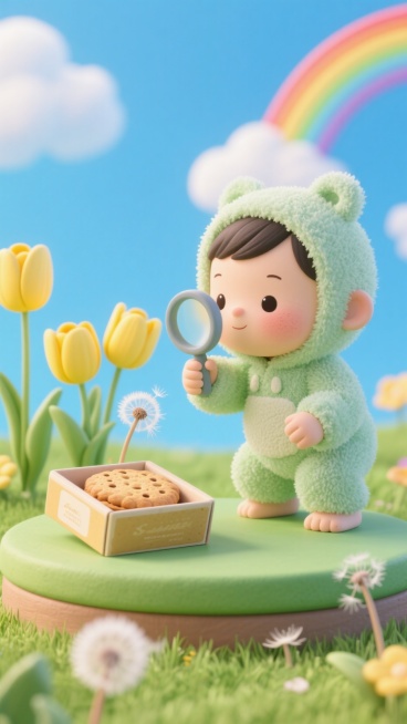 绿色草坪上有一盒饼干放在圆形展台上，旁边有一个东亚婴儿穿着一套浅绿色的毛绒连衣，蹲在草坪上拿着放大镜观察花朵，周围黄色郁金香和蒲公英种子，背景是蓝天白云,七彩彩虹预览效果