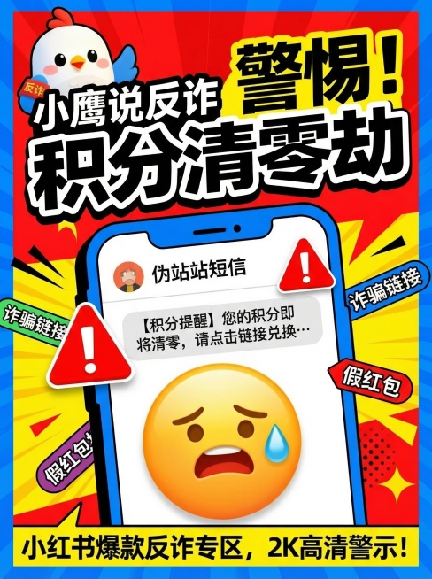 小红书反诈封面，3:4比例，融合参考图的小鹰IP形象和醒目警示风格，标题为"小鹰说反诈 警惕！积分清零劫"，左上角放置可爱小鹰IP，搭配伪基站短信、焦虑表情包、红色警示三角等元素，采用高饱和撞色设计，预览效果