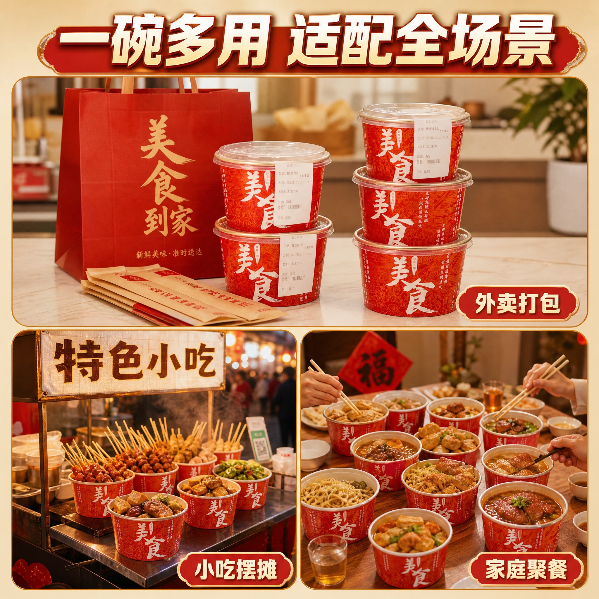 [主图-4] 真实使用场景图，展示金箔纸碗在餐饮外卖与家庭聚餐… - 图片创意预览