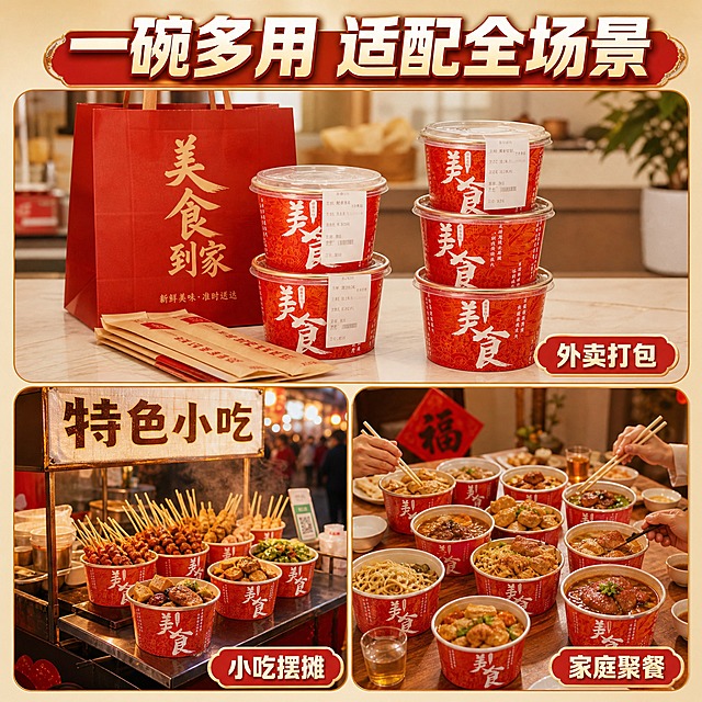 [主图-4] 真实使用场景图，展示金箔纸碗在餐饮外卖与家庭聚餐中的多种使用场景，让用户直观理解适用场景与使用方式。
[统一基调] 国潮喜庆风格，暖米色渐变背景为主，点缀朱红与金色元素，主标题用粗黑体白色或金色，辅助文字用深棕色，强调色为朱红与烫金，字体统一为现代粗黑体，卡片用圆角金边样式，整体高端餐饮质感。
[画面] 采用三宫格场景拼图，每格展示一个不同使用场景：左上格是外卖打包场景，红色打包袋旁整齐摆放着装好盖好的金箔纸碗，碗上贴有外卖小票，旁边有一次性筷子套装，体现外卖打包用途；右下格是家庭聚餐场景，木质餐桌上摆满了用金箔纸碗盛装的各色中式菜肴，有红烧肉、面条、小吃等，多人用餐氛围，体现家用聚餐用途；左下格是小吃摆摊场景，小推车上整齐码放着装满串串、臭豆腐等小吃的金箔纸碗，烟火气十足。三格之间用细金线分隔，整体统一暖色调。
[光影质感] 真实生活场景摄影质感，每个场景都有自然的生活光影，外卖场景明亮干净，聚餐场景温馨暖光，摆摊场景夜市暖黄灯光，纸碗在每个场景中都保持红色饱满、金边闪亮的统一外观。
[配色] 整体暖色调，各场景以暖黄、暖木色为主，产品朱红+金色在各场景中都突出醒目，文字统一白色或深棕色配金色描边。
[文字版式] 顶部通栏大标题"一碗多用 适配全场景"，每个宫格右下角有小字标签：外卖打包 / 家庭聚餐 / 小吃摆摊，文字不遮挡产品主体，字体统一粗黑体。
[输出要求] 比例1:1，三宫格构图清晰，每个场景产品都完整可见，文字清晰，无错字，无水印，无平台Logo，场景真实自然不生硬。