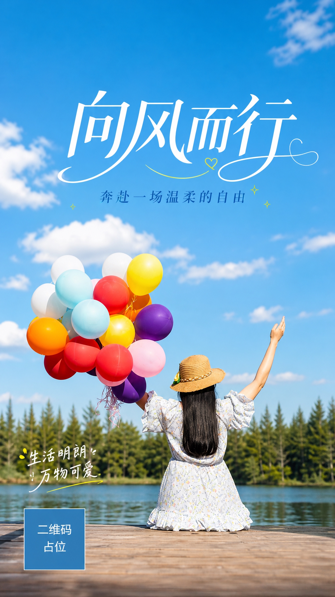 基于原图进行海报化设计，清新治愈风竖版海报。画面主体为手持彩色… - 图片创意预览