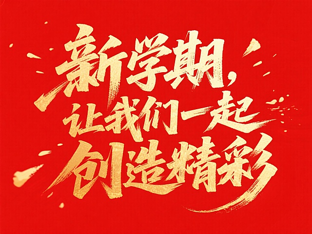 笔势硬朗的超燃字体“新学期，让我们一起创造精彩”，红色背景，金色字体 尺寸：30:9比例