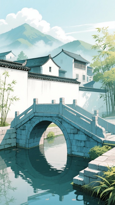 二次元写实古风，江南，庭院内，围墙，桥上，小河，竹荫，雾气，云，群山，小镇，青色，浅白色，氛围感暧昧、唯美，空间感，细节丰富，近景构图，9:16,不要人物，生成2张预览效果