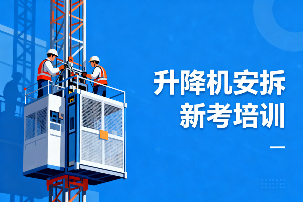升降机安拆新考培训宣传图，与之前生成的塔吊安拆培训图风格统一，蓝色商务简约风，左侧是工人安装施工升降机的写实场景插画，右侧醒目显示文字'升降机安拆 新考培训'，整体清晰整洁预览效果