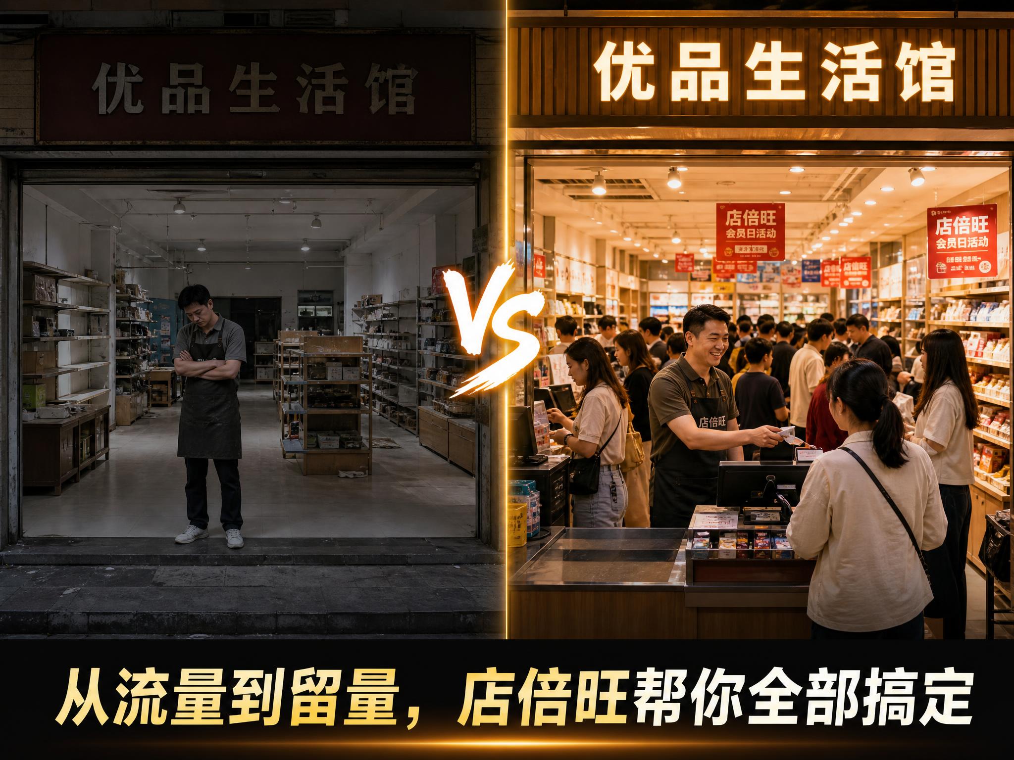 写实风格4:3场景图，画面左右分屏对比展示一家实体店从冷清到火… - 图片创意预览