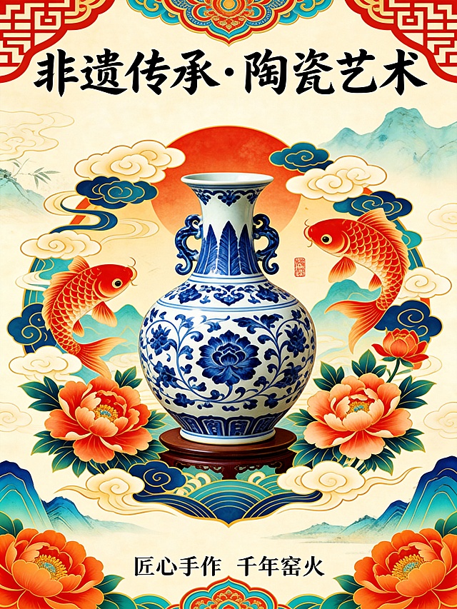 毕业设计非遗传承之陶瓷系列海报，在原图基础上丰富更多国风传统元素，保持中国风国潮风格，添加祥云、纹样、传统山水、中式纹样等元素，色彩更加丰富饱满华丽，整体元素丰富，保留原有文案'非遗传承·陶瓷艺术'和'匠心手作 千年窑火'