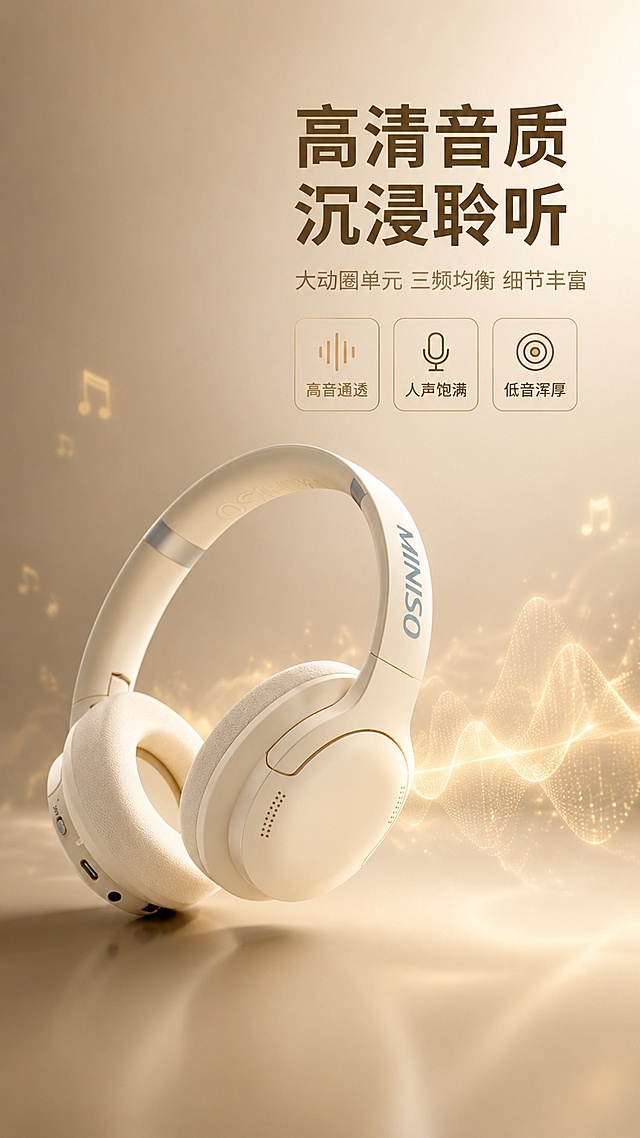 [主图-2] 高清音质核心卖点图
[氛围风格] 高级质感科技风 暖调轻奢 淘宝天猫电商主图
[画质] 商业摄影质感 光线通透 产品清晰 细节丰富 超高清
[元素] 奶白色头戴式蓝牙耳机位于画面中部偏左 正面微侧角度 耳罩朝向观众 右侧背景为深米色到浅棕色渐变的高级质感背景 画面右侧有半透明声波曲线图形从耳机方向扩散 呈现音乐律动氛围 背景中有微弱的音符光点漂浮 整体干净不杂乱。保持耳机外观与输入产品图完全一致 结构 材质 颜色无变形色差。商品主体占比约55%。
[光影] 左侧主光打亮耳机主体 右侧轮廓光勾勒产品边缘 声波图形有自发光效果 整体光线柔和有层次 突出产品质感与音质氛围
[配色] 主色奶白色 深米色 辅色浅灰蓝 暖金色点缀 整体暖调高级
[视角构图] 平视微侧角度 产品居左 右侧留负空间放文案 景深中等 背景虚化突出主体
[文字版式] 右侧负空间上半部分左对齐排版。主标题 高清音质 沉浸聆听 深棕色粗体大号无衬线字。副标题 大动圈单元 三频均衡 细节丰富 浅棕色中号。下方三个小图标加短词横向排列 高音通透 人声饱满 低音浑厚 每个图标为圆角小卡片 浅灰蓝描边。文字清晰可读 不遮挡产品。
[输出要求] 9:16比例 文字清晰锐利 超高清商业摄影质感
[负向提示词] 变形 文字错乱 产品模糊 背景杂乱 水印 电商平台Logo