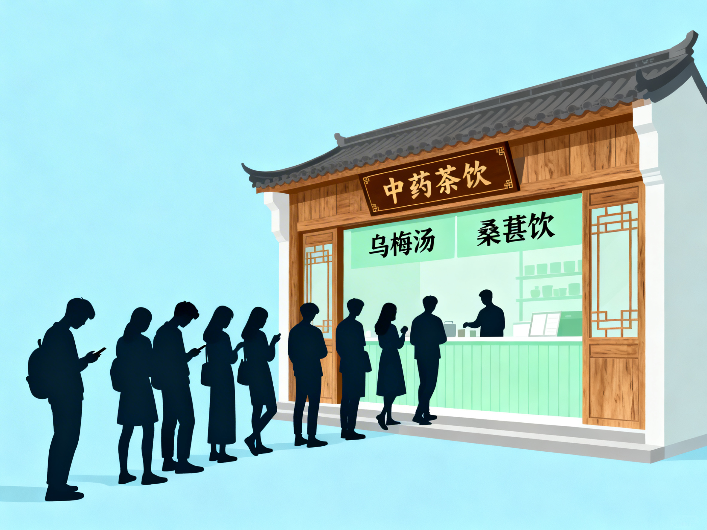 插画，浅蓝色背景，一家古风中药茶饮店门口，年轻人排着长队，有人… - 图片创意预览