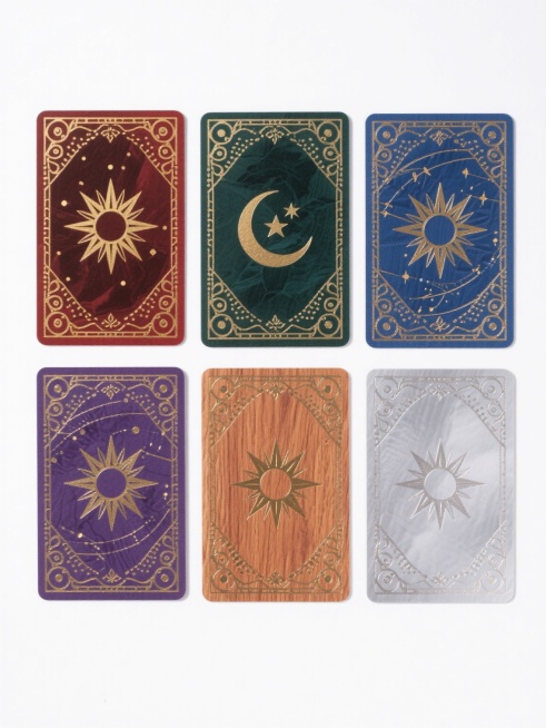 白色背景上整齐排列六张卡牌，每张卡牌均采用神秘的星象神秘学主题，具有繁复华丽的金色几何边框和装饰纹样，中心为放射状光芒的太阳图腾与上方弯月及星辰元素构成的神秘符号，整体呈现出浓郁的复古神秘主义风格与精致的线条艺术感；六张卡牌分别拥有不同的主色调（如深蓝、暗红、墨绿、靛紫、赭石、银灰）、细微差异化的边框装饰样式（如部分加入卷草纹、几何点阵或不同星轨图案）以及质感区分（如哑光金属质感、丝绒背景质感……预览效果