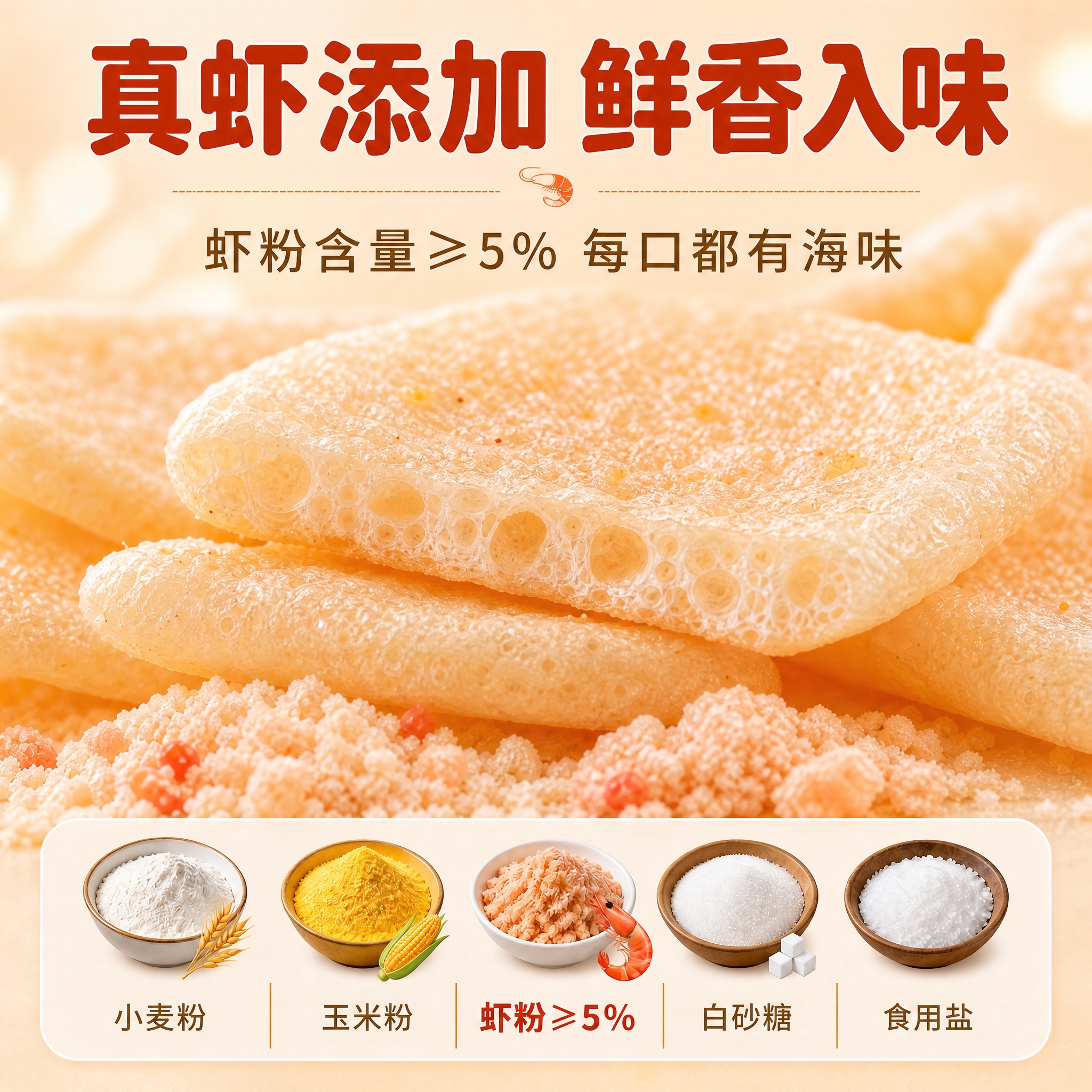[商品] 使用【图1】虾片微距特写图；保留虾片方形浅橙米色、酥… - 图片创意预览