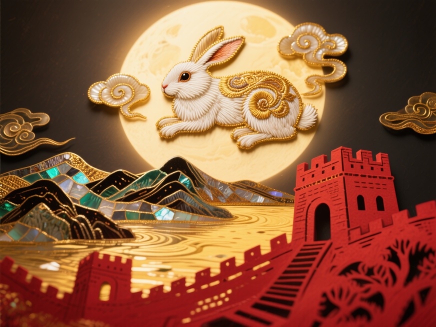 近景特写构图，一张非遗技艺组合的画面，上方用金线刺绣出玉兔邀月，玉兔毛发细腻，月亮边缘有刺绣祥云，中间用螺钿漆画描绘山河一角，螺钿镶嵌出江面波光，山色晕染自然，下方用红色剪纸剪出长城烽火台，剪纸边缘有预览效果