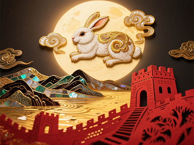 近景特写构图，一张非遗技艺组合的画面，上方用金线刺绣出玉兔邀月，玉兔毛发细腻，月亮边缘有刺绣祥云，中间用螺钿漆画描绘山河一角，螺钿镶嵌出江面波光，山色晕染自然，下方用红色剪纸剪出长城烽火台，剪纸边缘有手工剪刻的毛边质感，背景是暖光月色，光线从上方洒下，为所有非遗元素镀上柔和高光，突出皮影暖光、螺钿晶莹、刺绣金线的材质感，写实与艺术化结合，色彩浓郁且协调，中秋的暖黄与国庆的中国红相互呼应