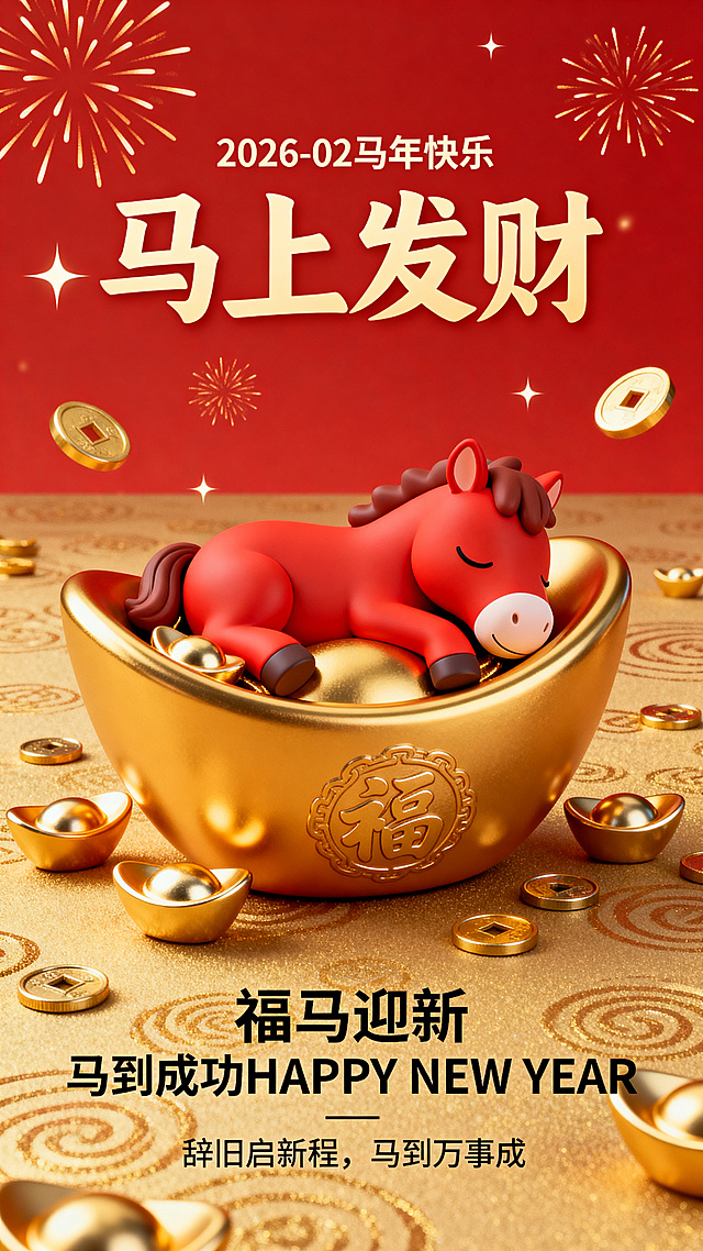 软3D风格国潮设计，鎏金风与金属质感结合，红马卧于金元宝之上，喜庆热烈，寓意马年财运亨通。