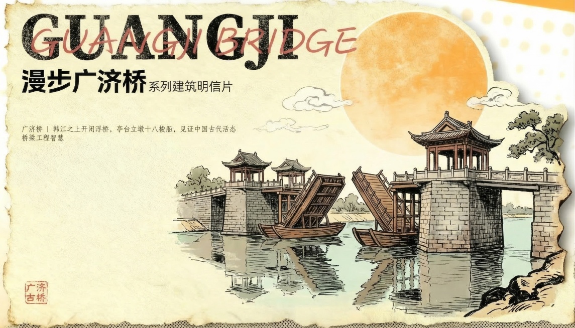 完全参照参考图片的版式、风格和配色生成潮州广济桥明信片：单张异形裁切明信片，浅米黄色做旧纸张背景，顶部是粗体磨损英文"GUANGJI"加红色手写体"BRIDGE"，下方是中文标题"漫步广济桥 系列建筑预览效果