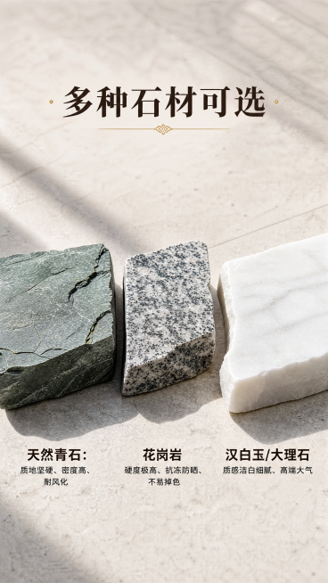 [第6屏] 材质介绍页-石雕大象可选石材展示，延续整体浅暖米基调，参考图[image1]的实景材质展示风格。
[氛围/风格] 自然质感实景风，阳光质感，真实展示石材肌理，商业摄影质感，纹理清晰。
[元预览效果