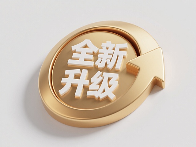 一个带有光滑曲面和强烈金属光泽质感的金色立体箭头图标，箭头呈向右上方弯曲的优雅弧形，箭身中央嵌入白色“全新升级”四个方正加粗的无衬线字体，文字与箭头曲面完美贴合形成和谐的视觉整体，图标独立放置在纯白色背景上，整体设计简洁现代，具有清晰的视觉层级和突出的信息传达效果，高光和阴影细节丰富，展现出精致的3D立体效果和高级质感。