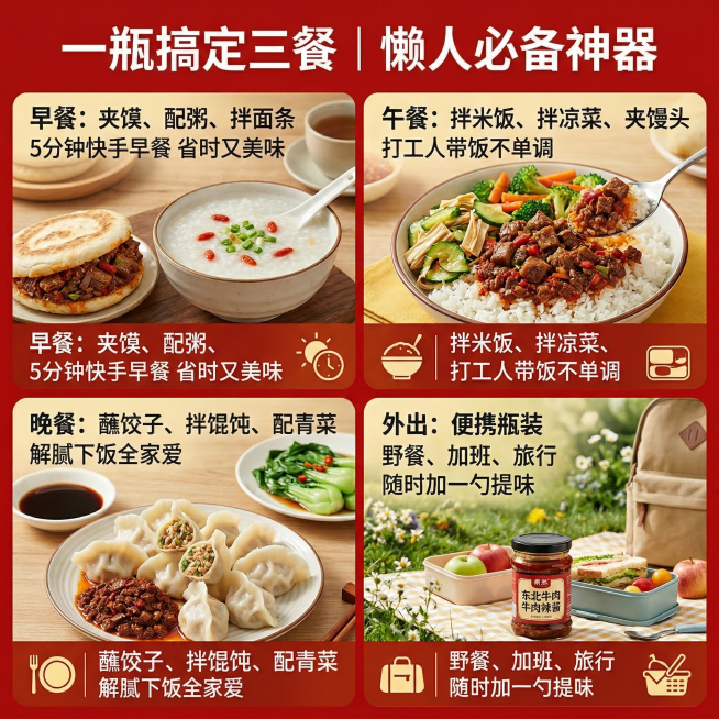 牛肉辣酱三餐百搭场景主图，四宫格布局，四个场景分别为：早餐夹馍配粥、午餐拌米饭、晚餐蘸饺子、外出便携瓶装，每个场景搭配对应小图标，真实生活场景食欲感。暖光温馨风格。背景铺满全屏无边框。主色调东北红色，预览效果