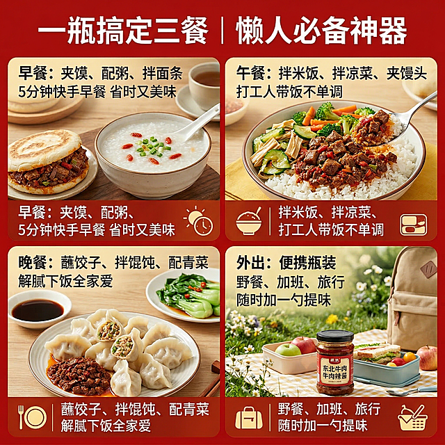 牛肉辣酱三餐百搭场景主图，四宫格布局，四个场景分别为：早餐夹馍配粥、午餐拌米饭、晚餐蘸饺子、外出便携瓶装，每个场景搭配对应小图标，真实生活场景食欲感。暖光温馨风格。背景铺满全屏无边框。主色调东北红色，辅助色暖黄色。平视构图。文字版式：顶部粗体白色主标题 "一瓶搞定三餐｜懒人必备神器"，四个场景文案： "早餐：夹馍、配粥、拌面条 5分钟快手早餐 省时又美味" "午餐：拌米饭、拌凉菜、夹馒头 打工人带饭不单调" "晚餐：蘸饺子、拌馄饨、配青菜 解腻下饭全家爱" "外出：便携瓶装 野餐、加班、旅行 随时加一勺提味"。每个场景配对应小图标，标题使用粗体思源黑体，正文使用清晰无衬线字体，标题字号大于正文两倍，排版规整留白充足，文字占比不超过40%