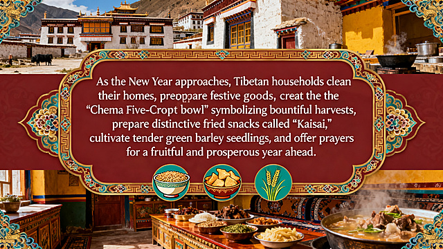 PPT内容页，展示藏族新年前的准备习俗，文字内容为"As the New Year approaches, Tibetan households clean their homes, prepare festive goods, create the “Chema Five-Crop Bowl” symbolizing bountiful harvests, prepare distinctive fried snacks called “Kaisai,” cultivate tender green barley seedlings, and offer prayers for a fruitful and prosperous year ahead."，搭配藏族民居和传统美食背景，藏式风格设计