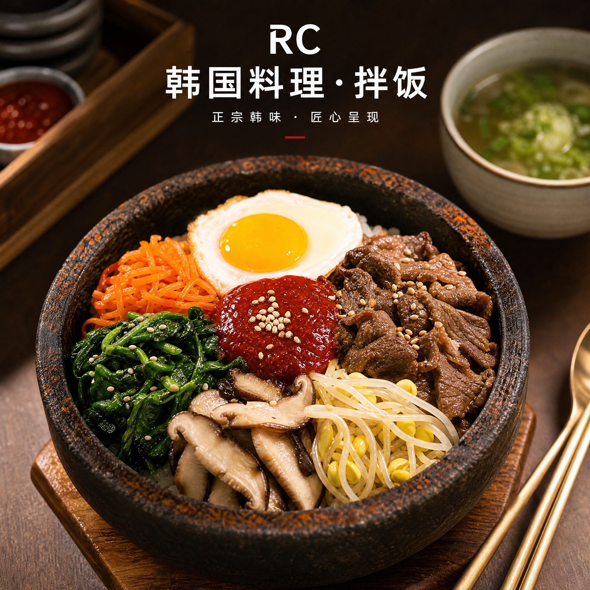 写实商业摄影风格，韩国料理石锅拌饭美食头像设计。画面中央是一碗… - 图片创意预览